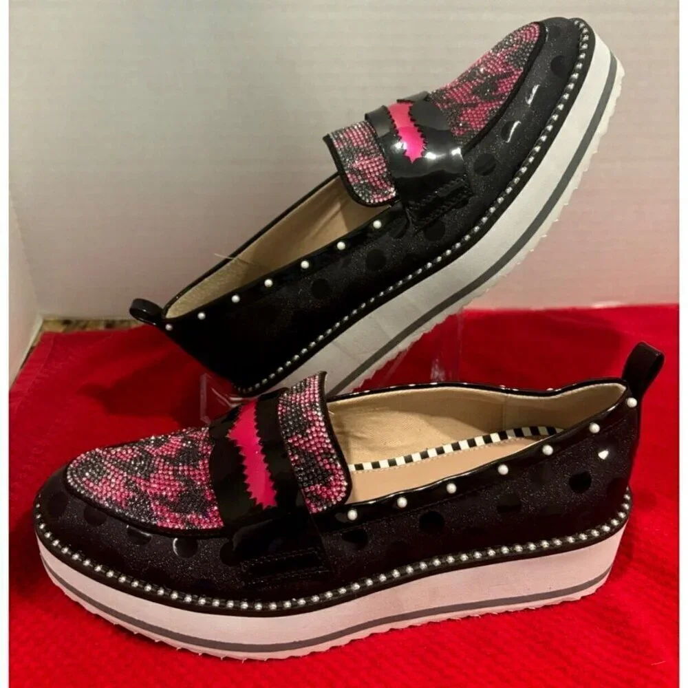 Betsey Johnson Pink and Black Houndstooth Patent Penny Loafers